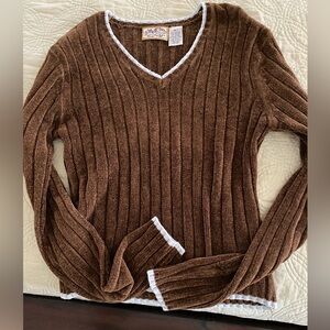 Classic Brown V-Neck Sweater with light blue Accents